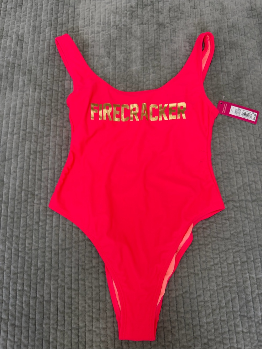 NEW Xhilaration Neon Pink One-Piece Swimsuit with Gold 'FIRECRACKER'